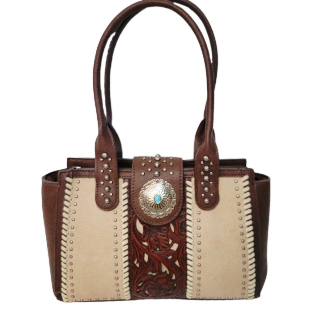 Montana West Brown Western Tooled Shoulder Bag Satchel Whipstitch Concho Purse